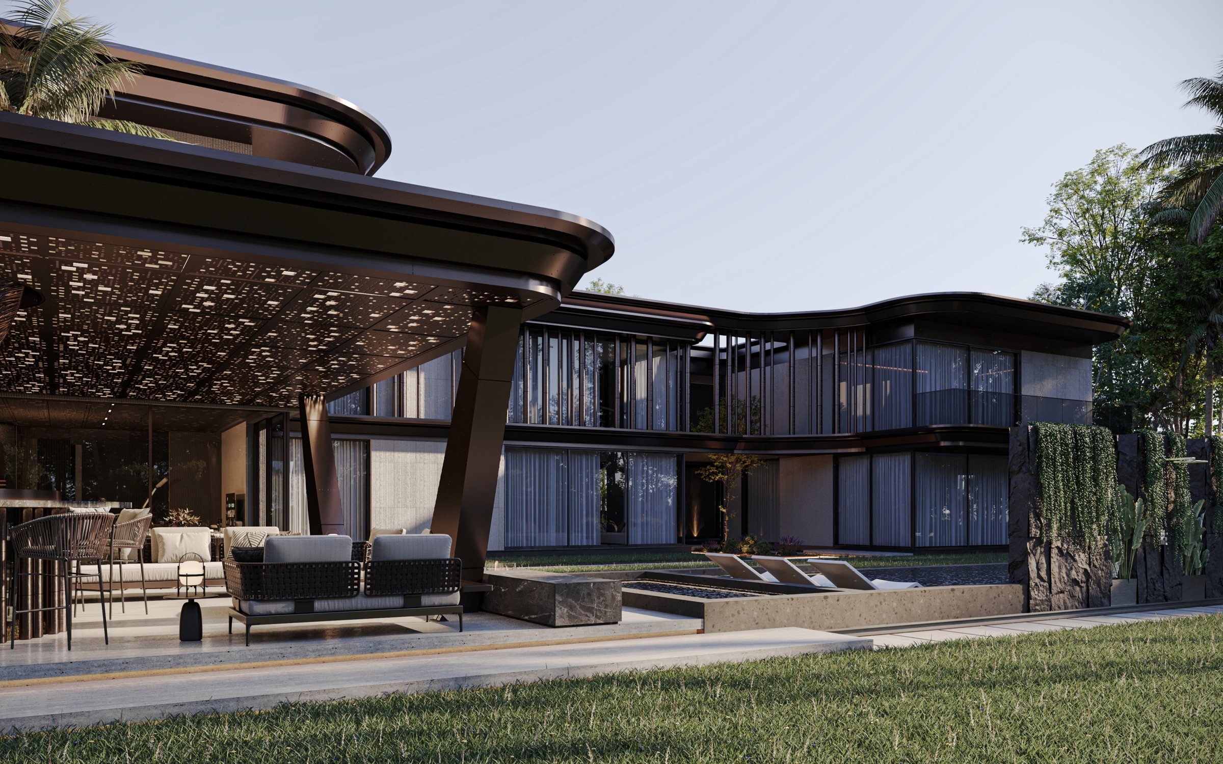 GB2 custom luxury home at twilight